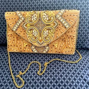 LULUS Beaded Linen Shoulder Bag Clutch Purse w/Chain 🔥